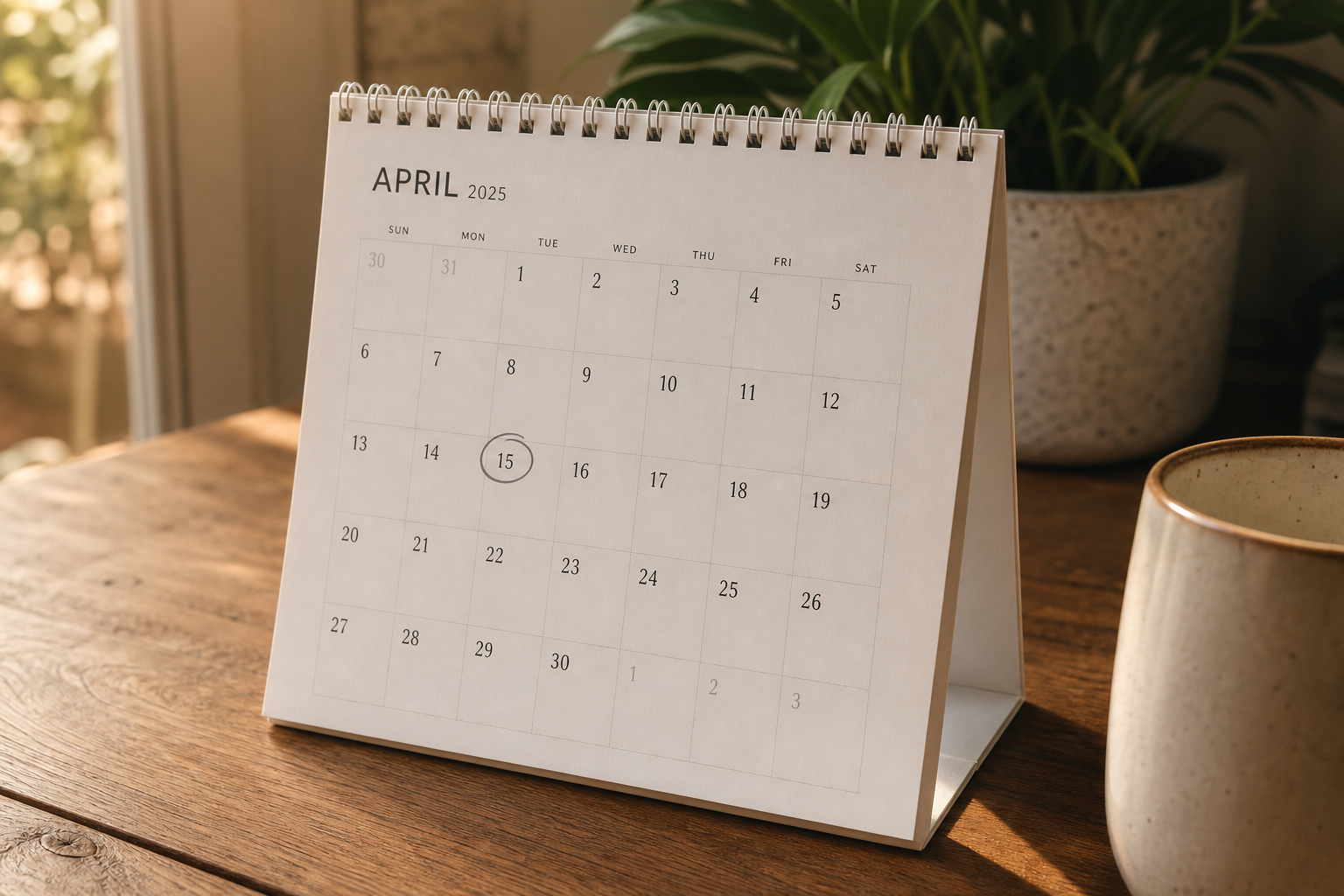 Desk calendar on a warm wood table with a single date circled to mark the appointment