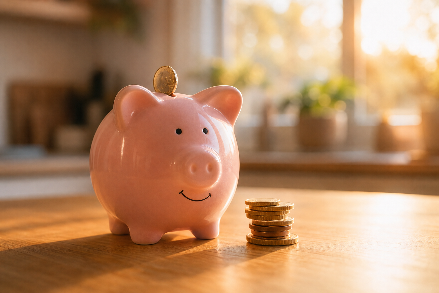 A pink ceramic piggy bank on a kitchen counter with a gold coin balanced on its slot and a stack of coins beside it, warm golden window light