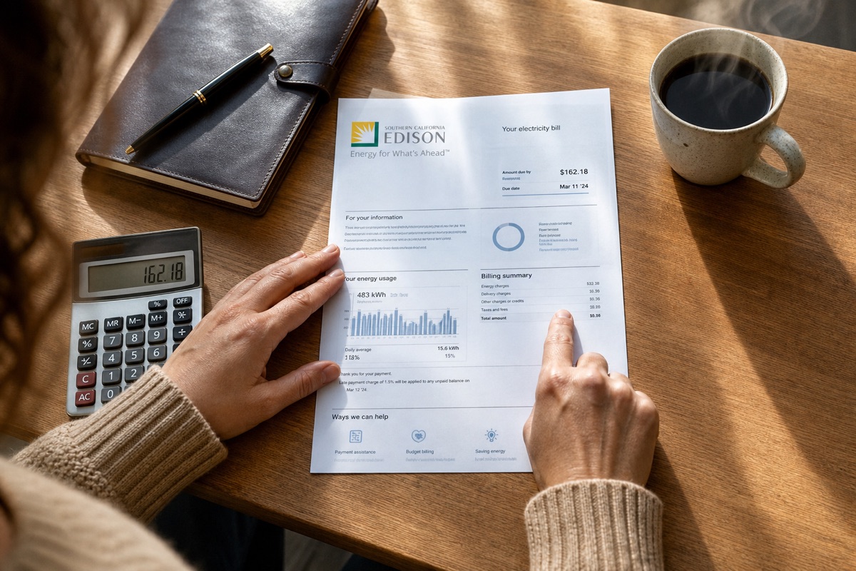 Reviewing a Southern California Edison electric bill on a kitchen table