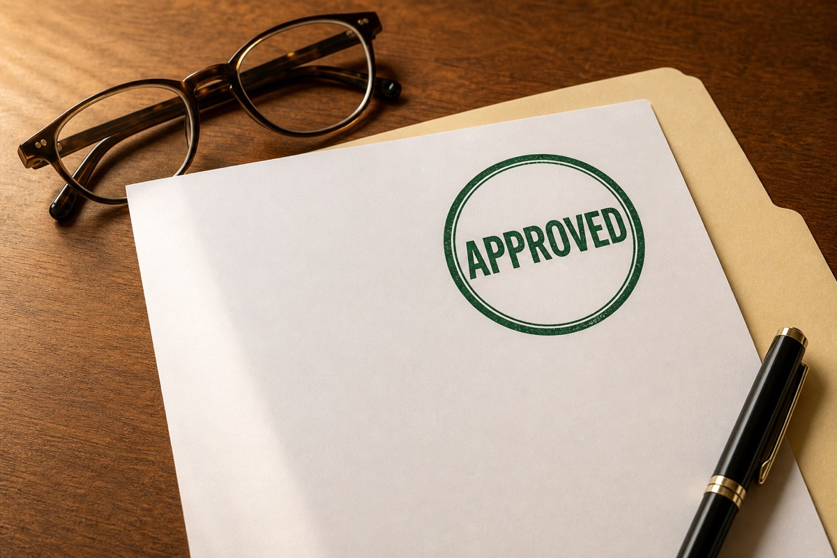 Application paperwork with a green APPROVED stamp