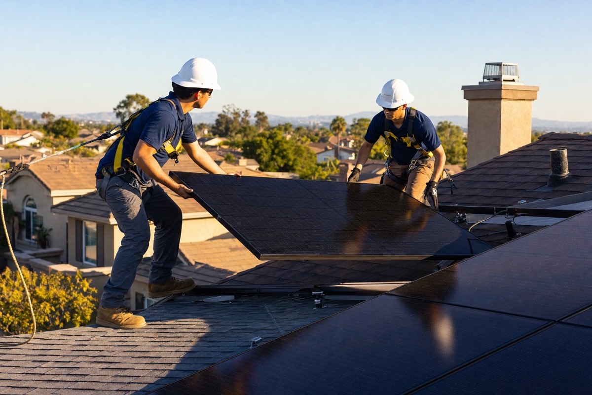 Certified installers mounting solar panels on a residential roof