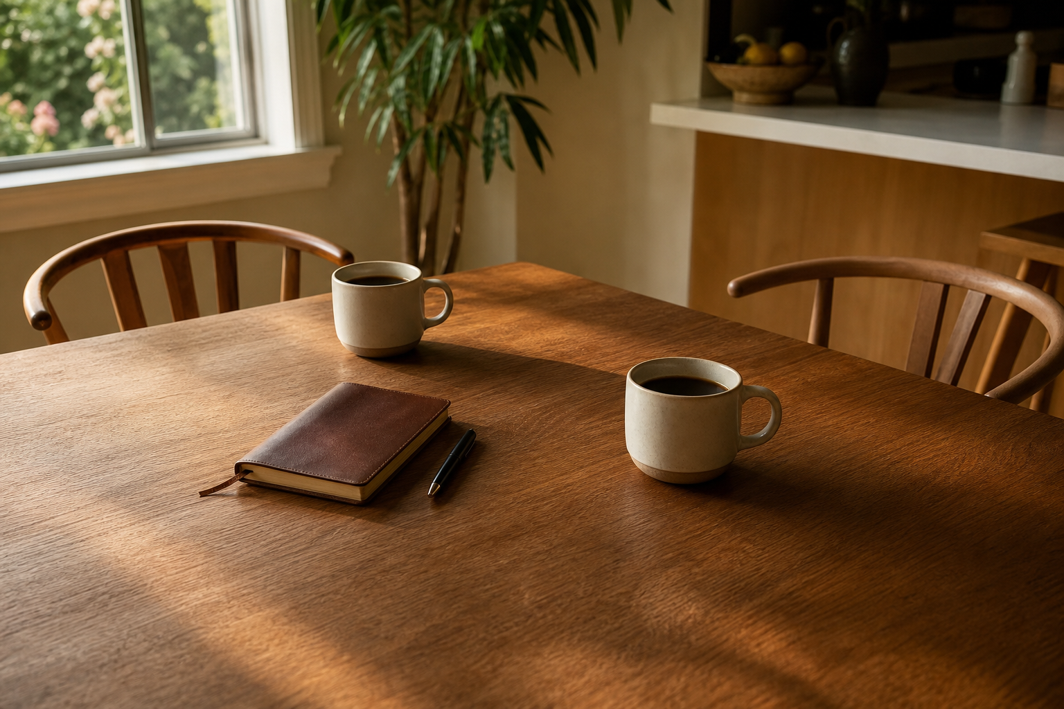 A clean warm wood dining table with two coffee mugs, a leather notebook, and two chairs set up for a meeting